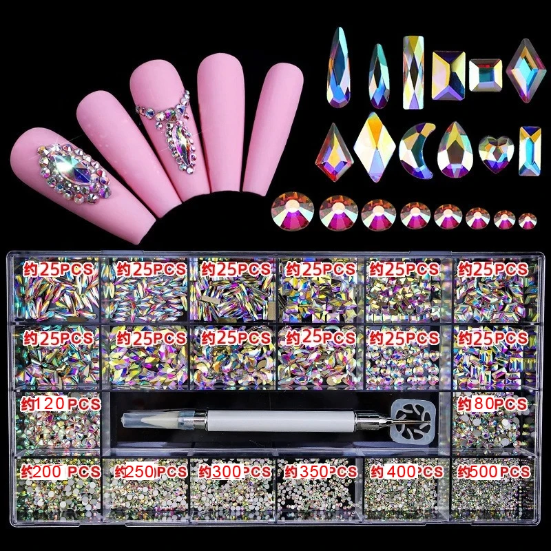 2500pcs Luxury Shiny Diamond Nail Art Rhinestones Crystal Decorations Set AB Glass 1pcs Pick Up Pen In Grids Box 21 Shape 2