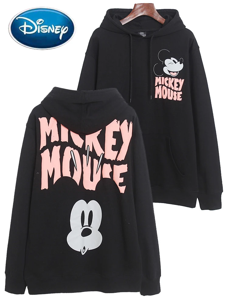 

Disney Black Sweatshirt Fashion Front Back Mickey Mouse Letter Cartoon Print Harajuku Women Hooded Long Sleeve Jumper Tops Femme