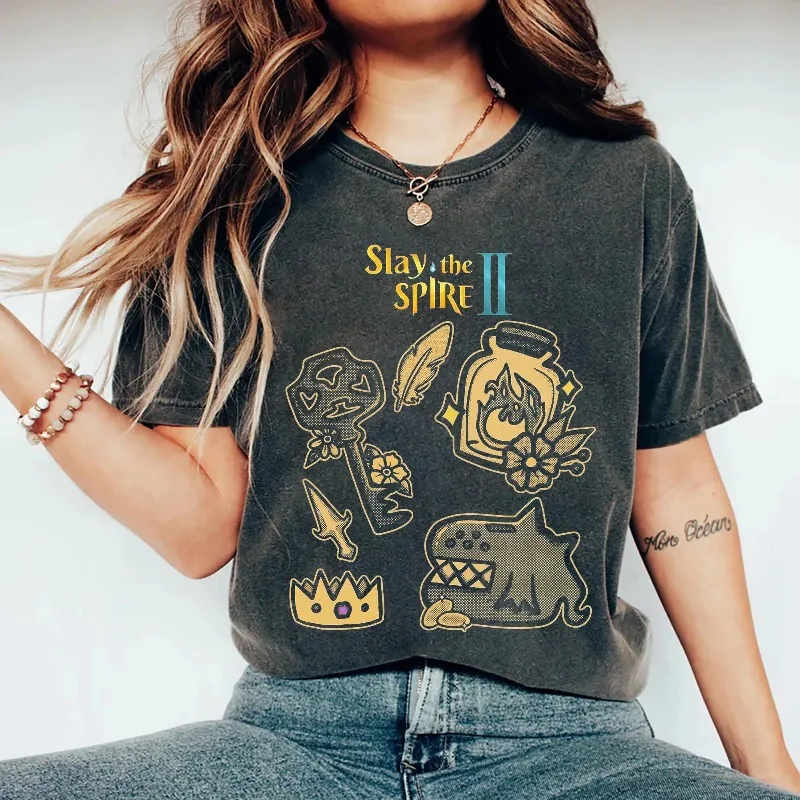 Vintage Gold Slay The Spire 2 Shirt, Retro Roguelike Deckbuilder T-Shirt Sommer atmungsaktives T-Shirt-Oberteil für Herren und Damen
