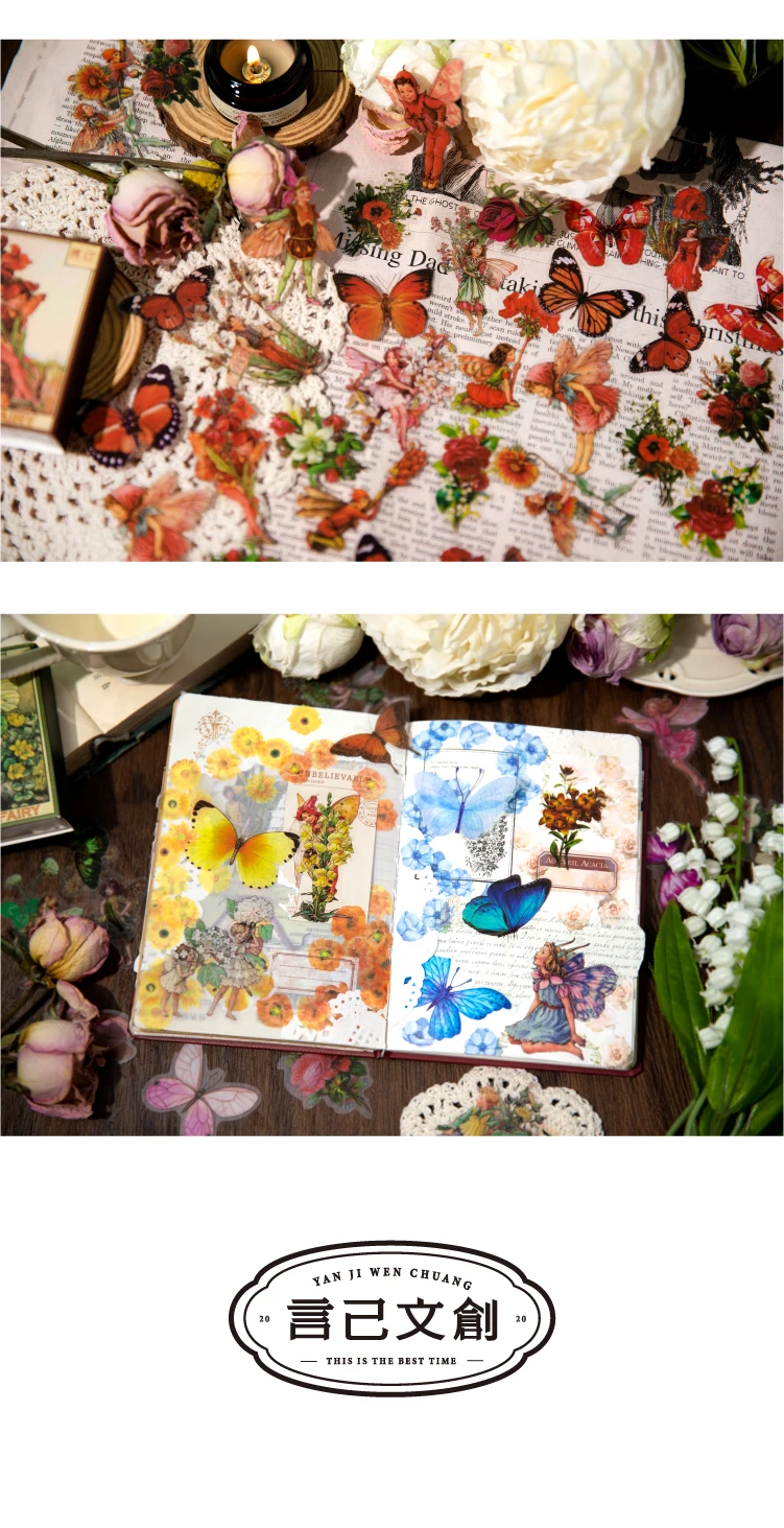 40 Stück Vintage Schmetterling Blume Fee PET Deco Aufkleber Tagebuch Scrapbooking Material Pflanze Deco Album DIY Briefpapier Aufkleber – Detail 8