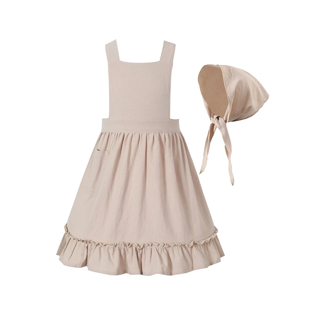 Kids Girls Costume 4-10Y Khaki White Lace Ruffle Apron Bonnet For Pilgrim Girl Village Farm Pioneer Prairie Maid