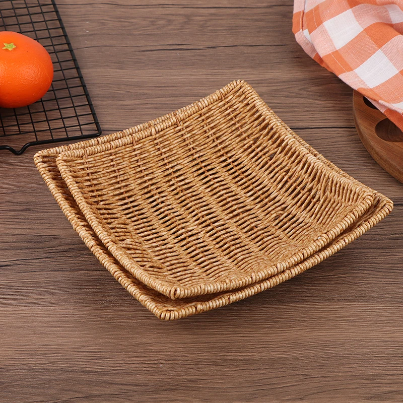 Square Oval Rattan Fruit Bread Snacks Storage Tray Coffee Bar Display Basket Nordic Desktop Cosmetic Sundries Organizer