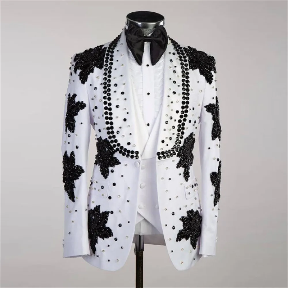 

Luxury White Men Suits Glitter Beads Shawl Lapel Wedding Groom Tuxedos 3 Pieces Vest Pants Male Prom Party Blazer