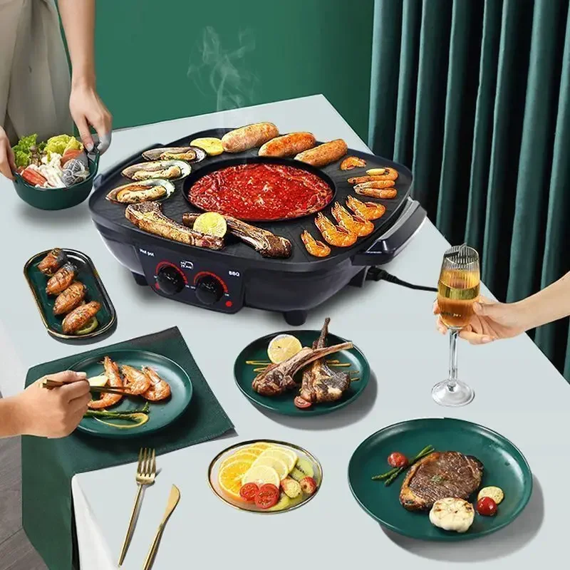 Multifunctional shabu grilling one pot household large electric hot pot cooking smokeless non-stick grilling oven 4