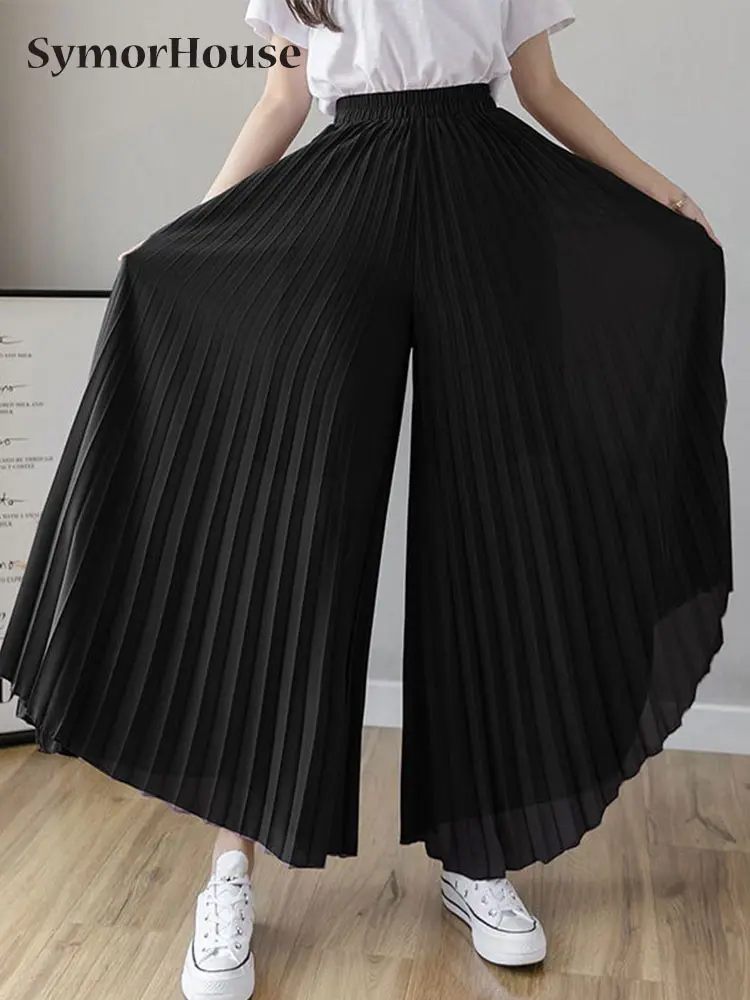 

Summer Autumn Women Elegant High Waist Chiffon Wide Leg Pants Casual Korean Fashion Pleated Loose Straight Ankle-Length Pants