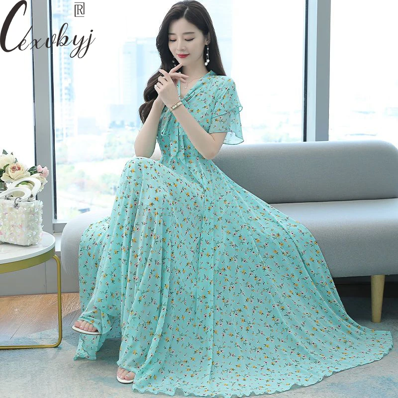 

Bohemian Style Women Beach Dress 2023 Summer Floral Short Sleeve Maxi Dress Oversized Loose Chiffon Bow Collar Vintage Dress