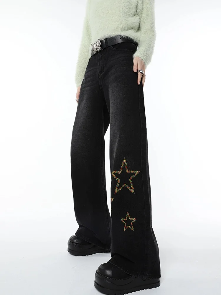 Deeptown Y2k Vintage Star Black Baggy Jeans Women Hippie Grunge Wide Leg Denim Pants Kpop Harajuku Streetwear Oversize Trousers