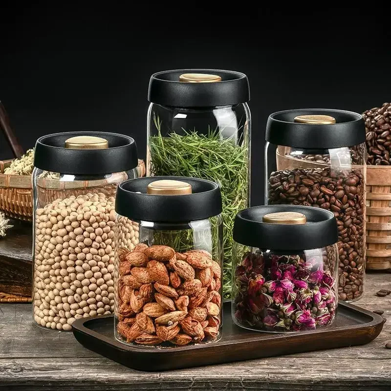 Glass Jar Airtight Canister Food Container Tea Vacuum Sealed Coffee Beans Storage Bottles Creative Home Kitchen Jar Glass Tanks