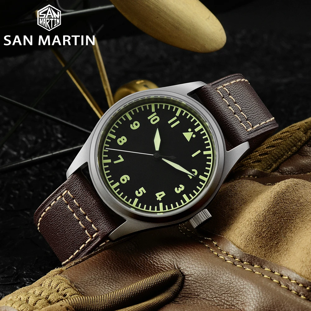 San Martin Pilot Titanium Vintage Military Enthusiasts YN55 Automatic Mechanical Men Watch Leather Strap Waterproof Luminous