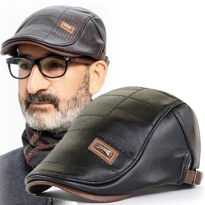 Men Fashion Retro PU Leather Beret Hats Autumn Winter Warm Beret Hat Middle-aged Men's Visor Warm Flat Peaked Cap Adjustable 6