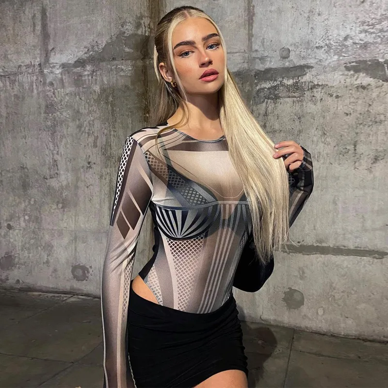 Spring 2023 Y2K  See Through Sheer Clothes Hot Sexy Long Sleeve Bodysuits for Women Fashion Print Chic Tops Street Clothes