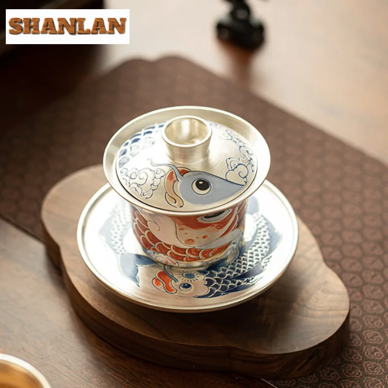 150ml Gilt Silver Sancai Gaiwan Creative Auspicious Dragon Cover Bowl Retro Tea Tureen Tea Maker Cafes Gift Chinese Ornaments