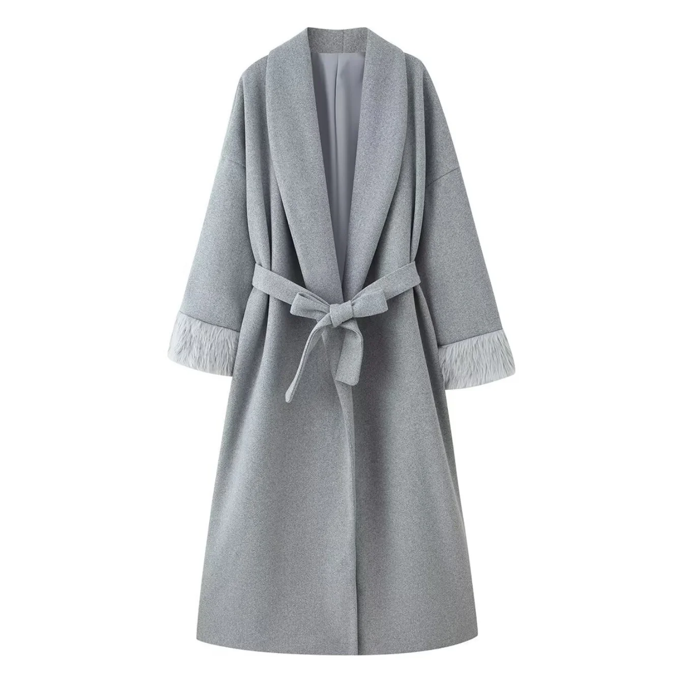 Women's Elegant Woolen Coat Lady Turn-Down Collar With Belt Long Sleeved Outerwearfemale Bathrobe Style Long Jackets Streetwear