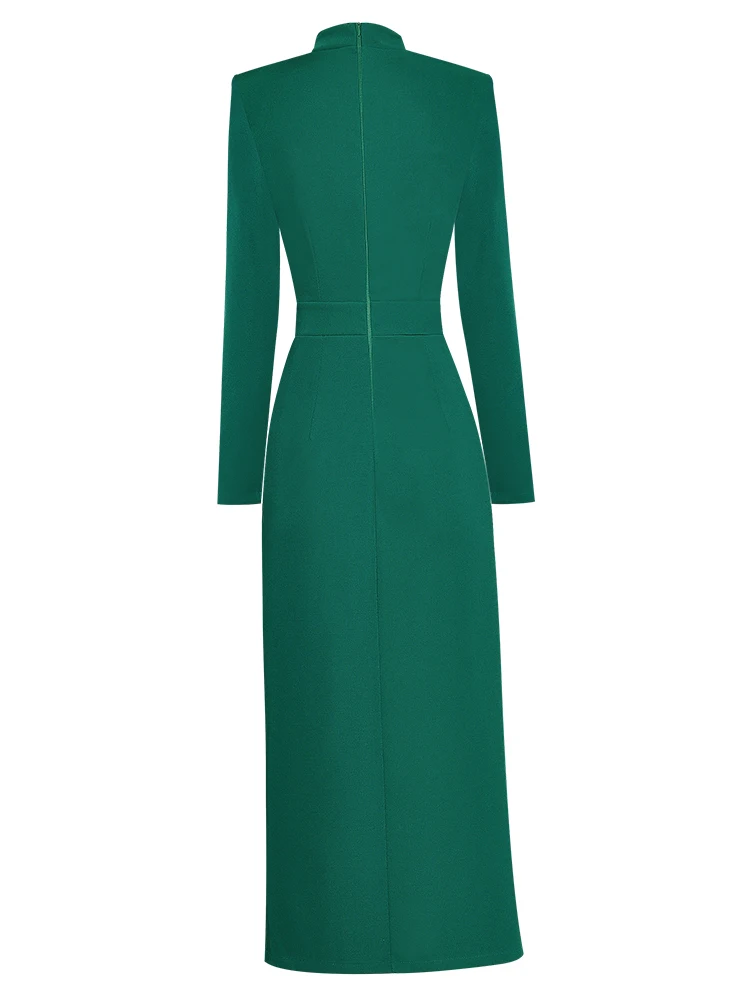 fitted lace wedding dress Emerald Green Long Sleeve Midi Dress with Pockets, Floral Flowers Wome –  Starcove Fashion main image 1