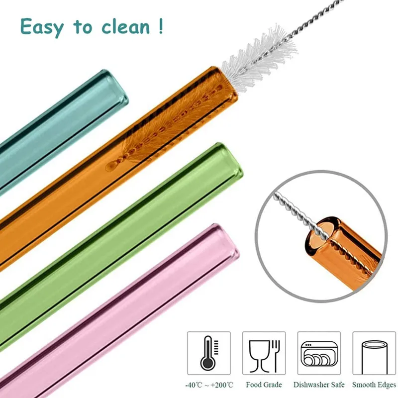 Reusable Glass Straws Eco-friendly Drinking Straws for Smoothie Milkshakes Tea Juice Cocktail Straw with Brush Multi-Color Mixed