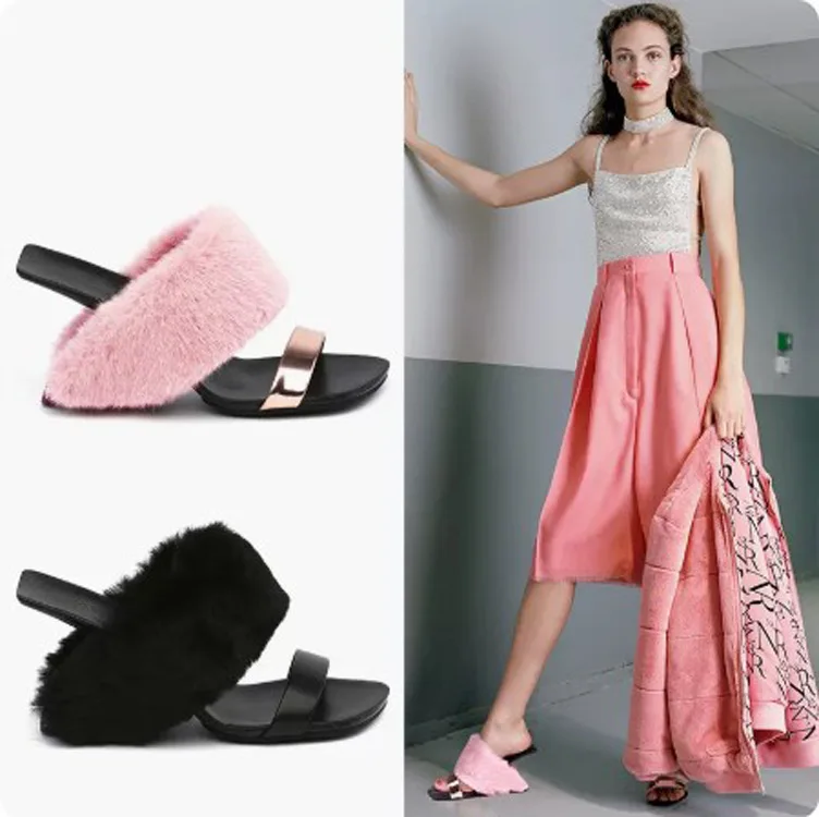 

Тапочки плюшевые женские, сланцы с низким мехом, римские тапки из искусственной кожи, на толстом каблуке, большие размеры, Фли