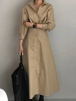 Modigirl Women Casual Long Shirts Dresses 2025 Summer Spring Clothes Khaki Puff Sleeves Botton Simple Maxi Dresses for Women