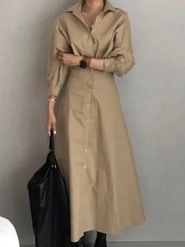 Modigirl Women Casual Long Shirts Dresses 2025 Summer Spring Clothes Khaki Puff Sleeves Botton Simple Maxi Dresses for Women 1
