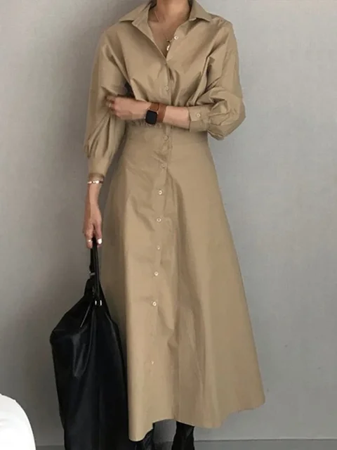 Modigirl Women Casual Long Shirts Dresses 2025 Summer Spring Clothes Khaki Puff Sleeves Botton Simple Maxi Dresses for Women