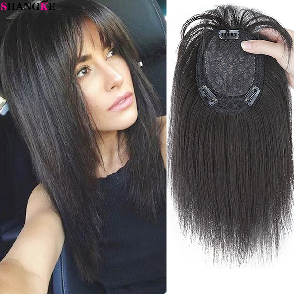 Hair Toppers Hair Extensions Synthetic Short Straight Hair Topper with Bangs Invisible 3D Hair Toupee for Women Water Wave Clip In Extensions