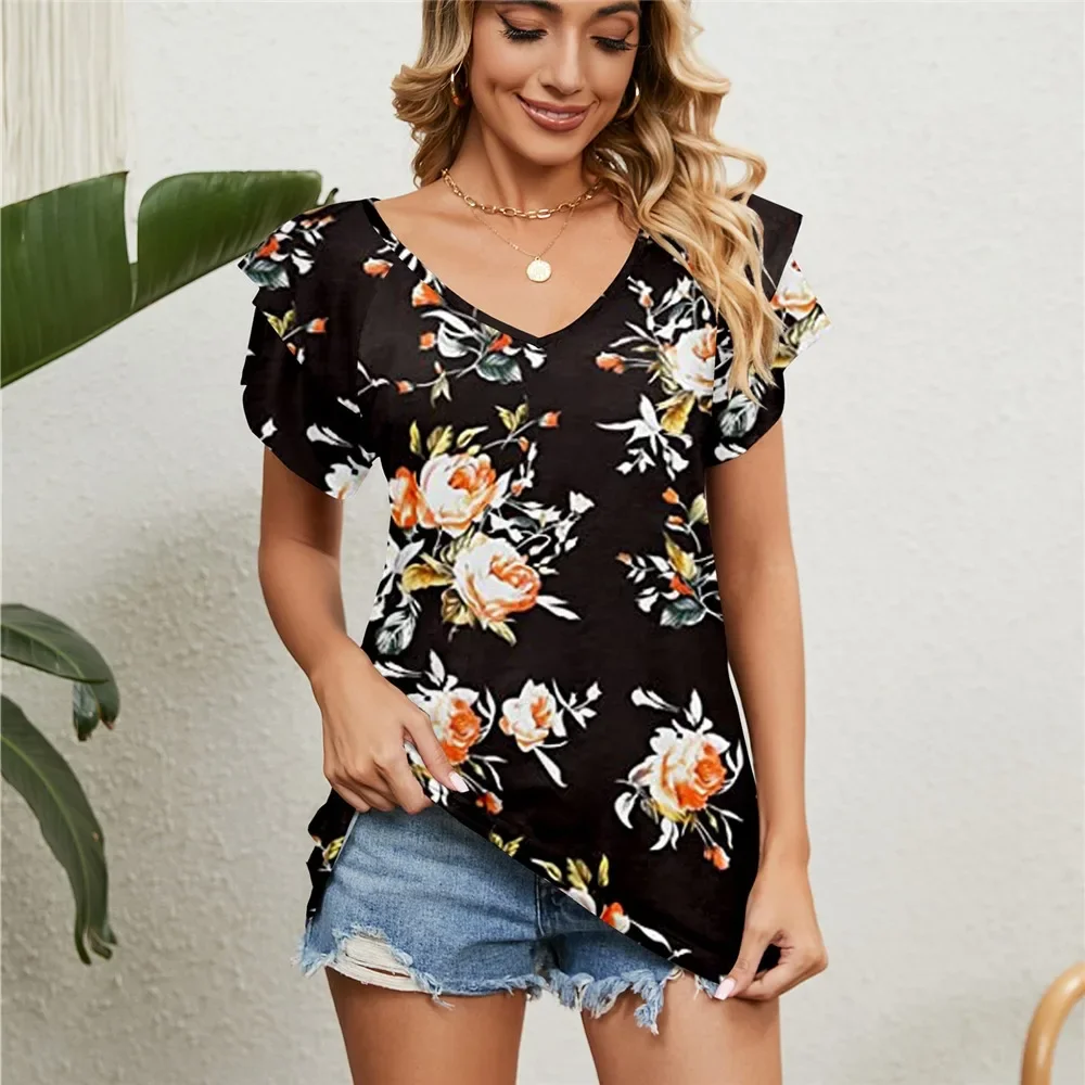 

Women's Shirts & Blouses for Women Elegant Summer Tops Short Sleeve Korean Popular Floral Blouse Blue Woman Trend 2024 Clothing