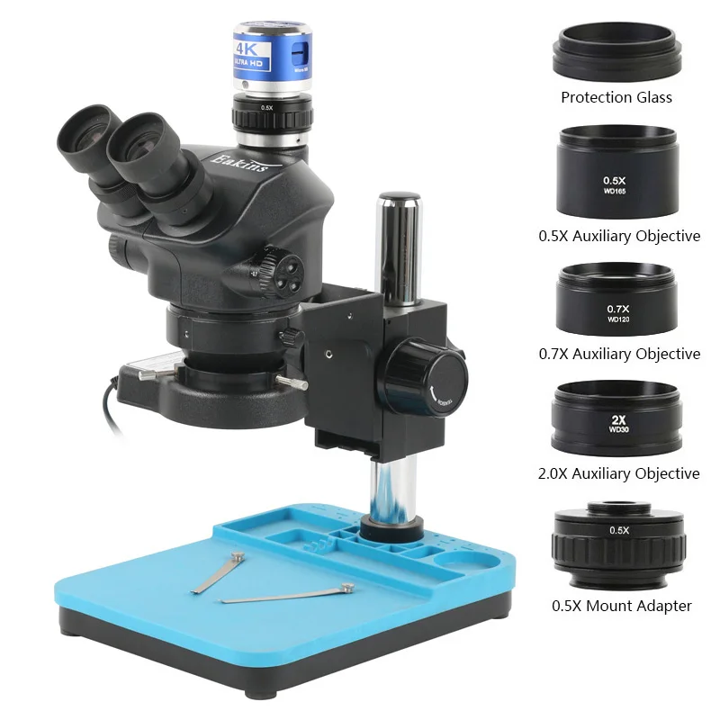 

3.5X-100X Continuous Zoom Simul Focul Stereo Trinocular Microscope 0.5X 2X Auxiliary Objective Lens 24MP 4K HDMI Digital Camera
