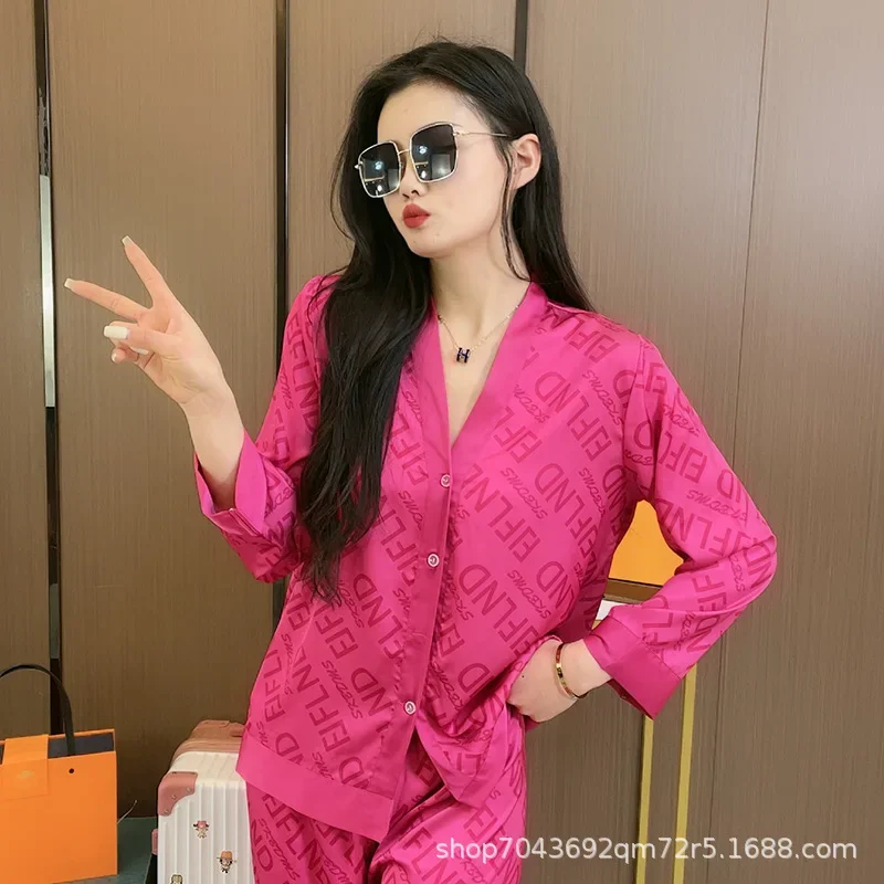 Spring Summer Women Ice Silk Pajama Set Long Sleeve Top Trousers Thin Korean Fashion Tracksuit Printing Pajamas for Women New