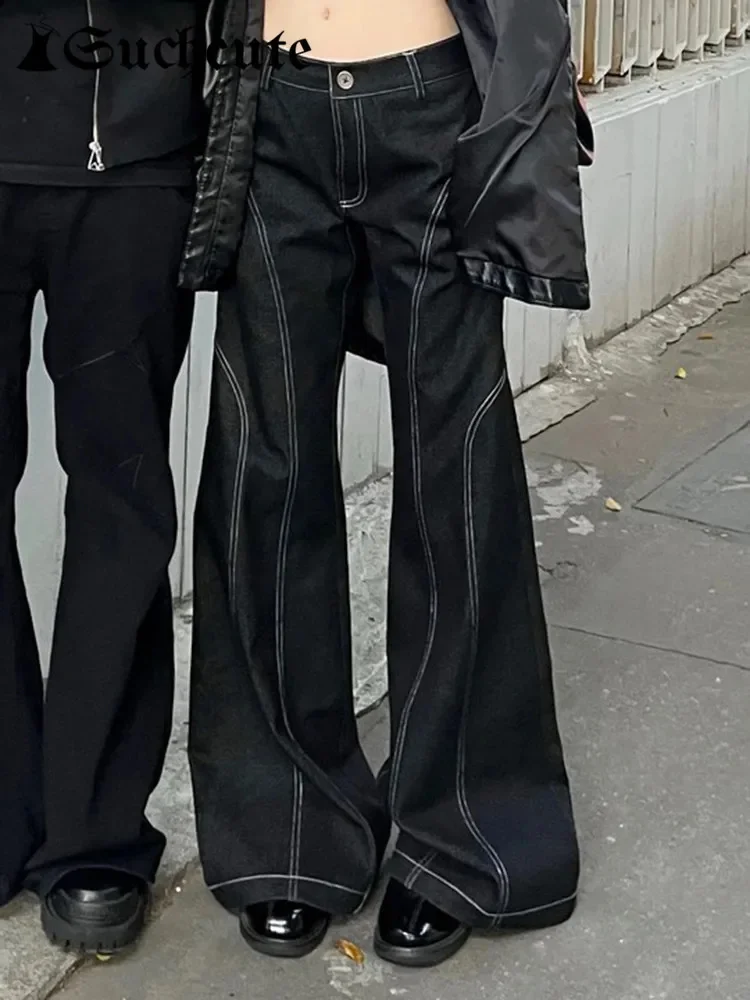 

Dark Academia Stitch Cargo Flare Jeans Harajuku Low Waist y2k Black Denim Trousers Punk Style Baggy Pants Gothic Summer