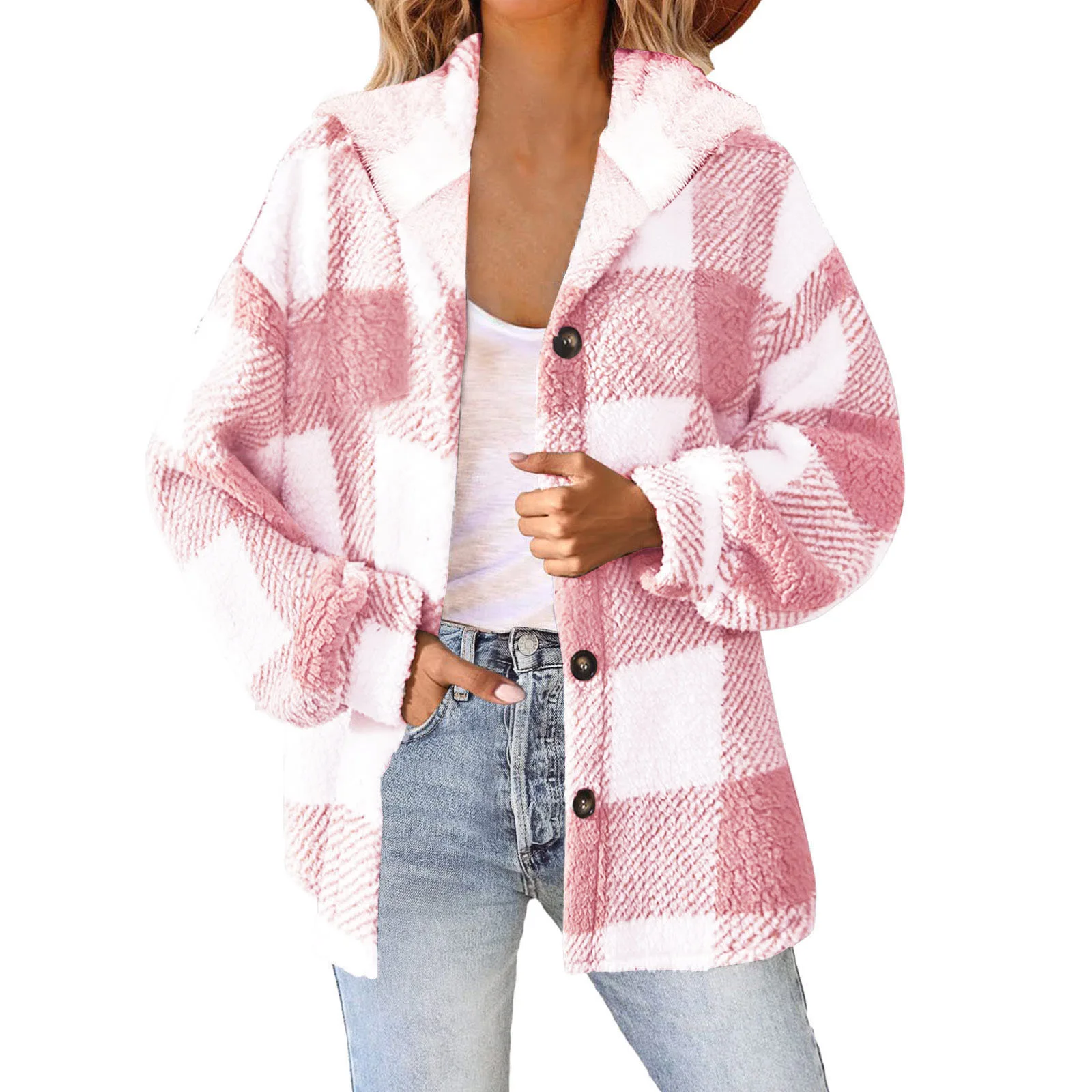Women Plaid Fleece Hooded Sweatshirt Coat