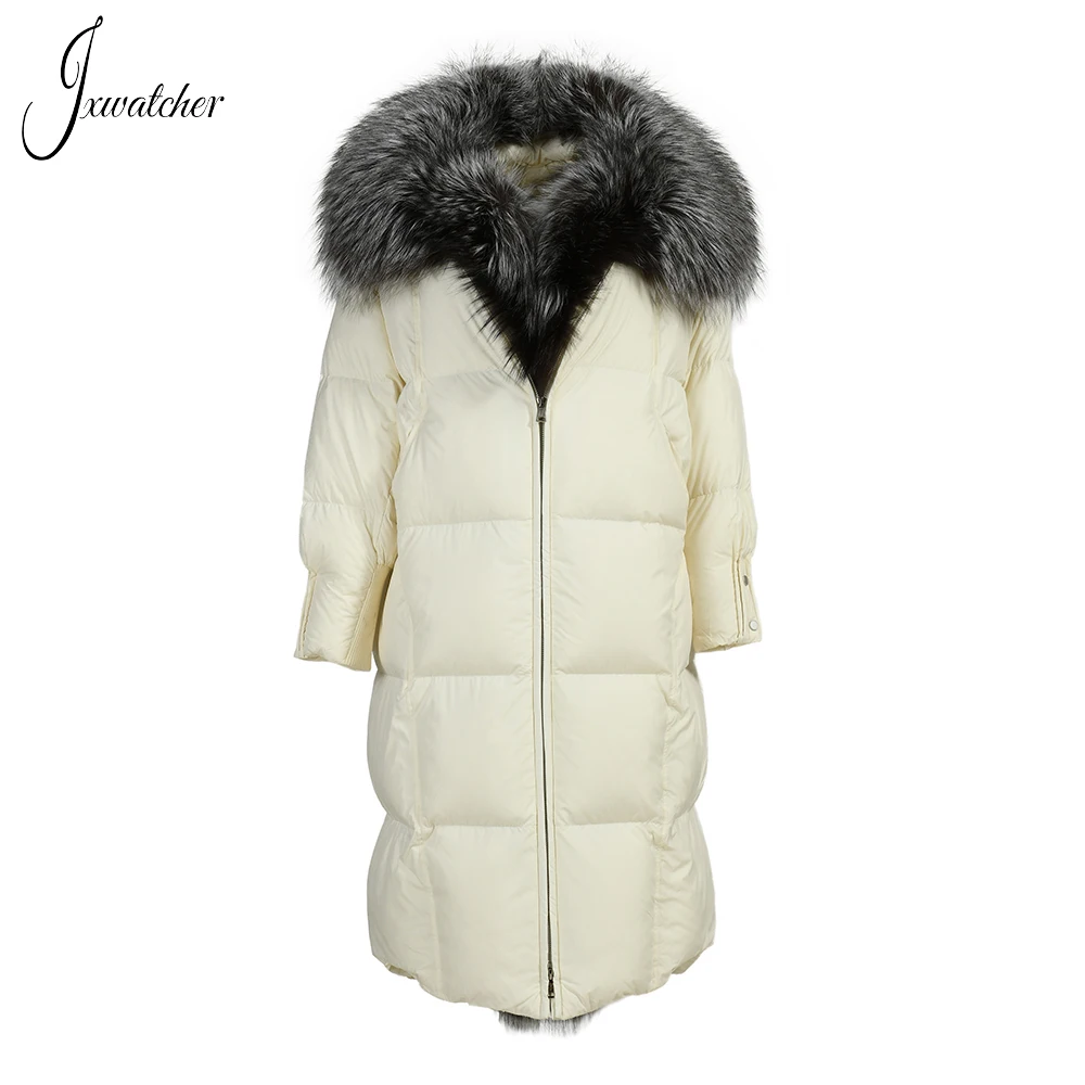 

Jxwatcher White Goose Down Jacket Long Style 2022 Autumn Winter Oversized Real Fox Fur Collar Ladies Super Warm Full Sleeve Coat