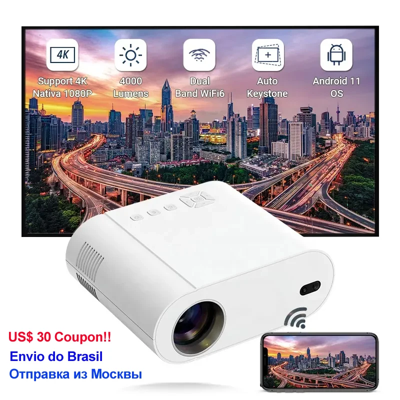 Portable Home Theater Projector Android 11 Auto Focus Video Game Auto Keystone Smart 5G WIFI 1920x1080
