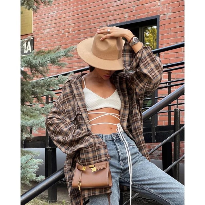 Description Picture 6 of item2024 Spring and Autumn American Retro Checkered Shirt Women's Long Style Design with Bottom Checkered Shirt Loose