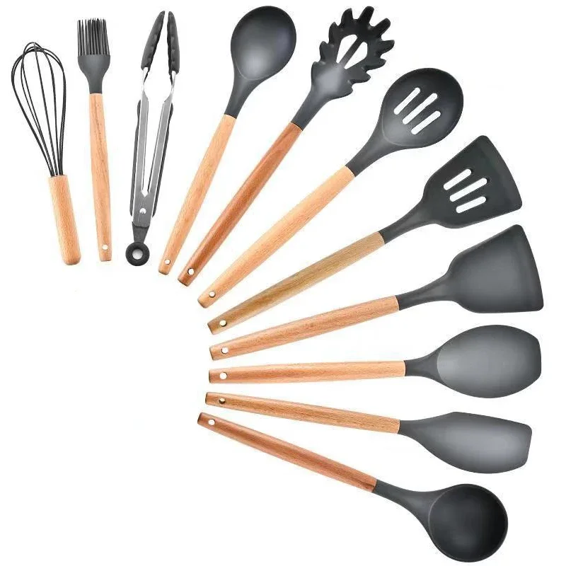 Silicone Wooden handle Turner Soup Spoon Spatula Brush Scraper Pasta Egg Beater Kitchen Utensils Non-stick pan Kitchen Cooking Tools Kitchenware