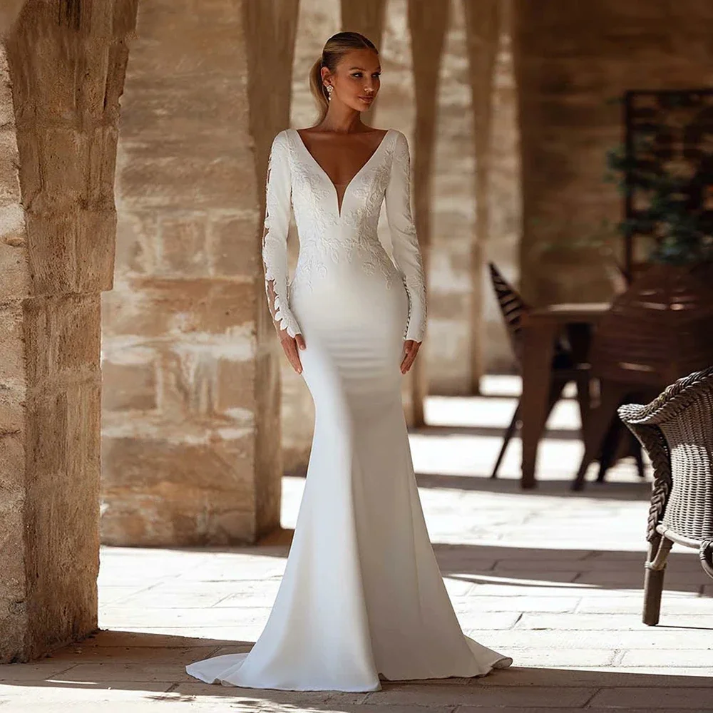 Sexy V-Neck Mermaid Wedding Dresses Long Sleeves Satin Appliques Bridal Gowns | eBay Sexy V-Neck Mermaid Wedding Dresses Long Sleeves Satin Appliques Bridal Gowns | eBay