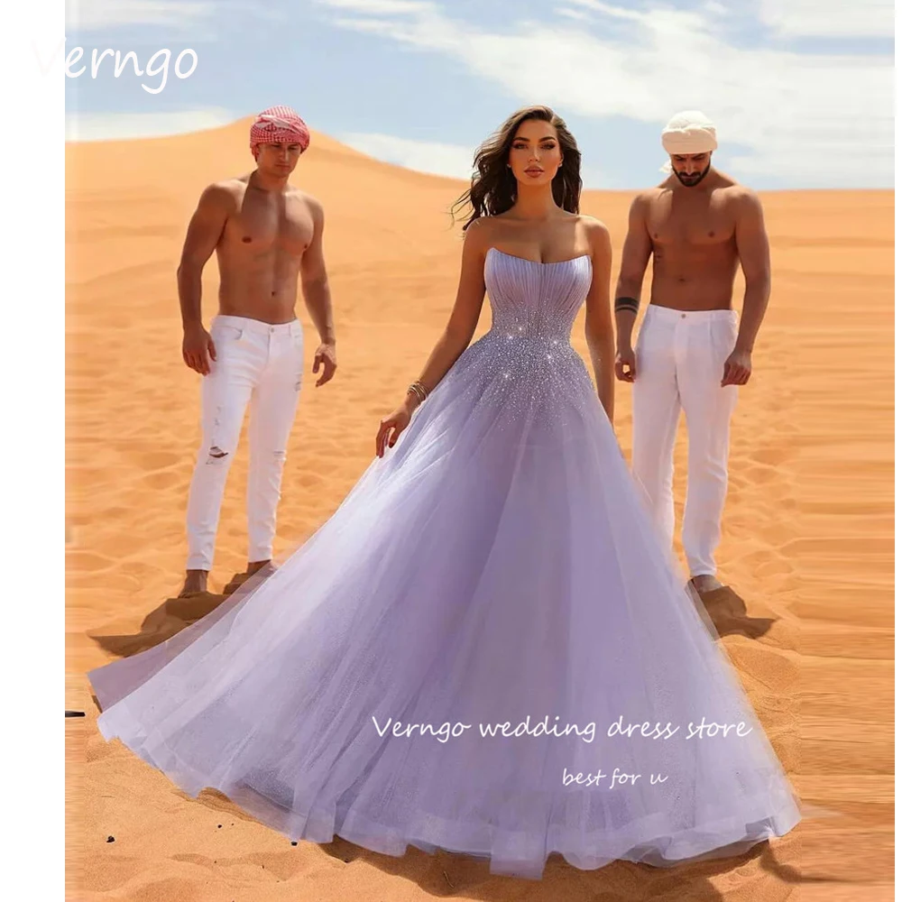 

Verngo 2023 новые Лавандовые тюлевые длинные платья для выпускного вечера блестящие бусины без бретелек трапециевидные вечерние платья Дубай женское вечернее платье
