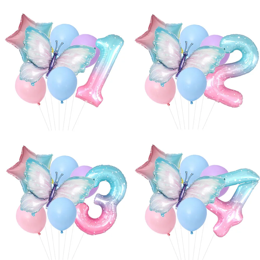 

7Pcs Butterfly Birthday Balloon 40inch Starry Sky Gradient Number Balloon Baby Shower Helium Balloon Birthday Party Decor Globos