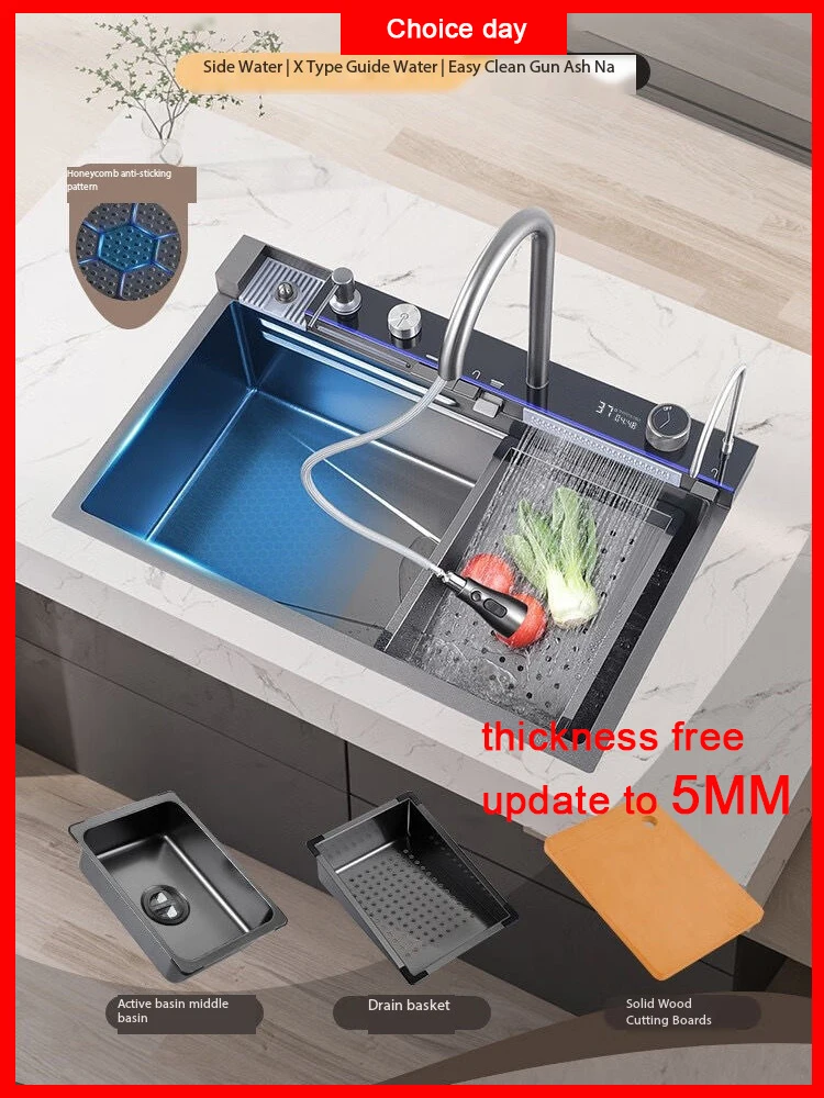 Waterfall Sink Kitchen Stainless Steel Topmount Sink Black Nano Wash Basin Single creative Stainless Steel Kitchen Sinks