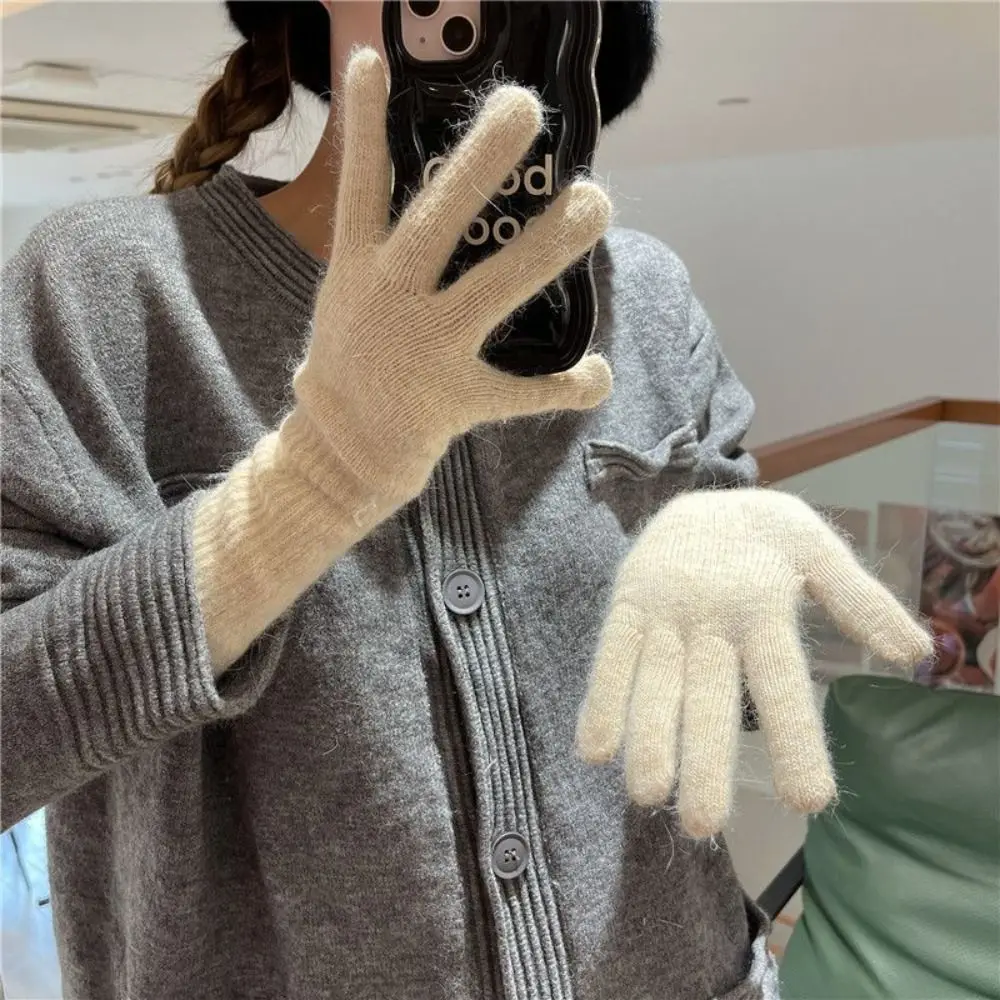 Women's Fashion Thermal Knitted Gloves Striped Rabbit Fur Autumn Winter Warm Gloves Thickened Windproof Split Finger Long Gloves