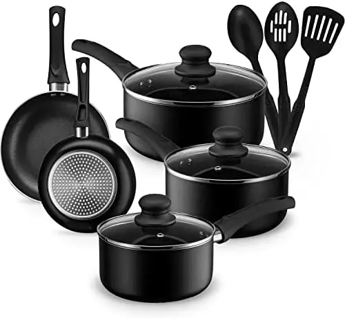 

and Pans Set, Aluminum Nonstick Cookware Set, Fry Pans, Casserole with Lid, Sauce Pan, and Utensils, 11 Piece Cooking Set Plate