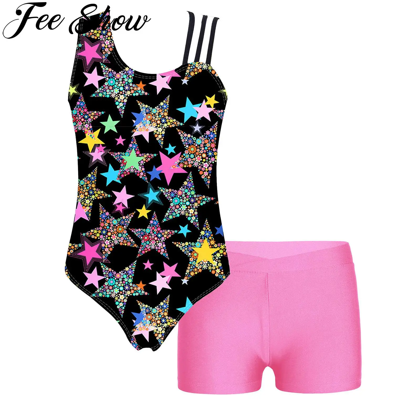 

Kids Girls Sports Gymnastics Workout Outfits Sets Child Asymmetric Straps Printed Leotard with Boxer Shorts Ballet Dance Suits
