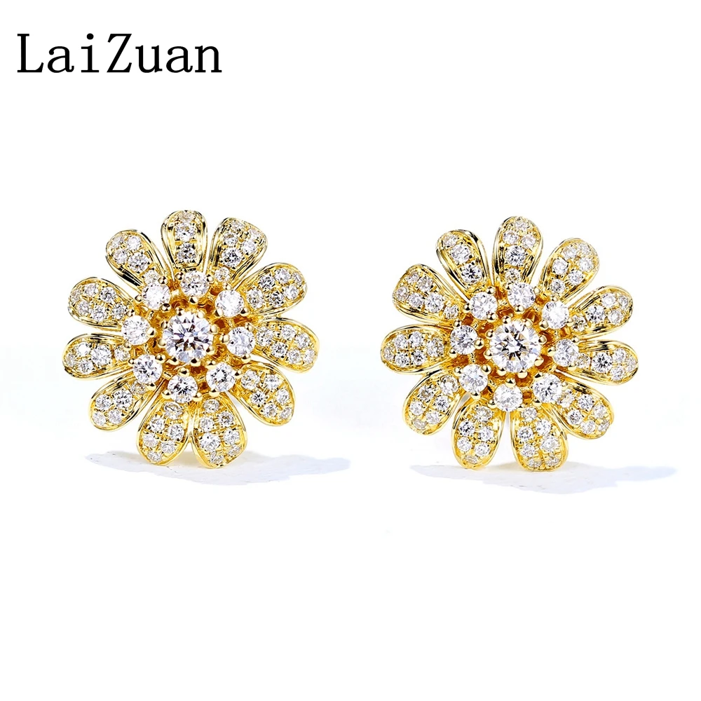 

LaiZuan Solid 18K Yellow Gold Daisy Natural Diamonds Stud Earrings Exquisite Flower Earrings For Women Antique Anniversary Party