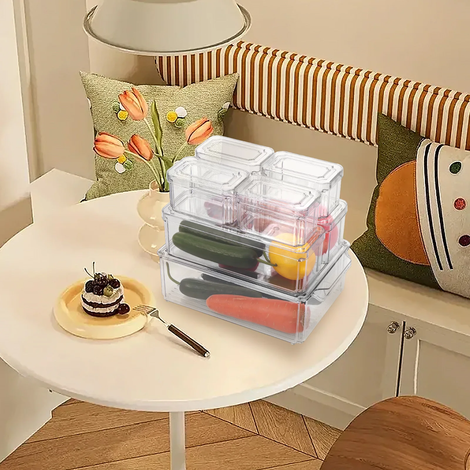 

New 7Pcs Fridge Organizer Box with Lid Clear Fruit Storage Containers Stackable Refrigerator Organizer Bins with Drain Tray 3