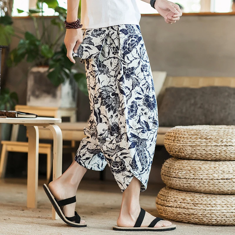 Men Traditional Style Summer Big Size Casual Calf-Length Pants Korean Style Cotton Printed Loose Male Trouser Streetwear
