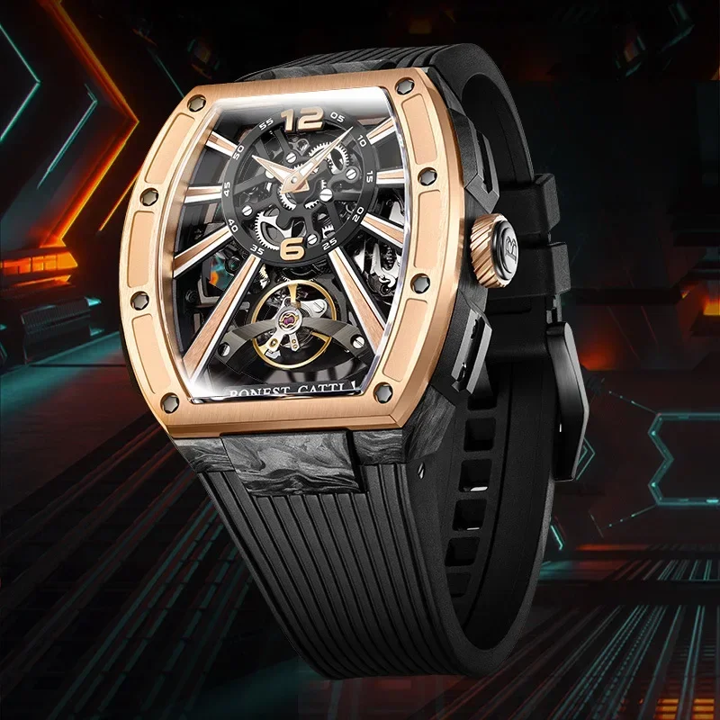 BONEST GATTI watch men's wine barrel shaped fully automatic hollow mechanical watch carbon fiber sports