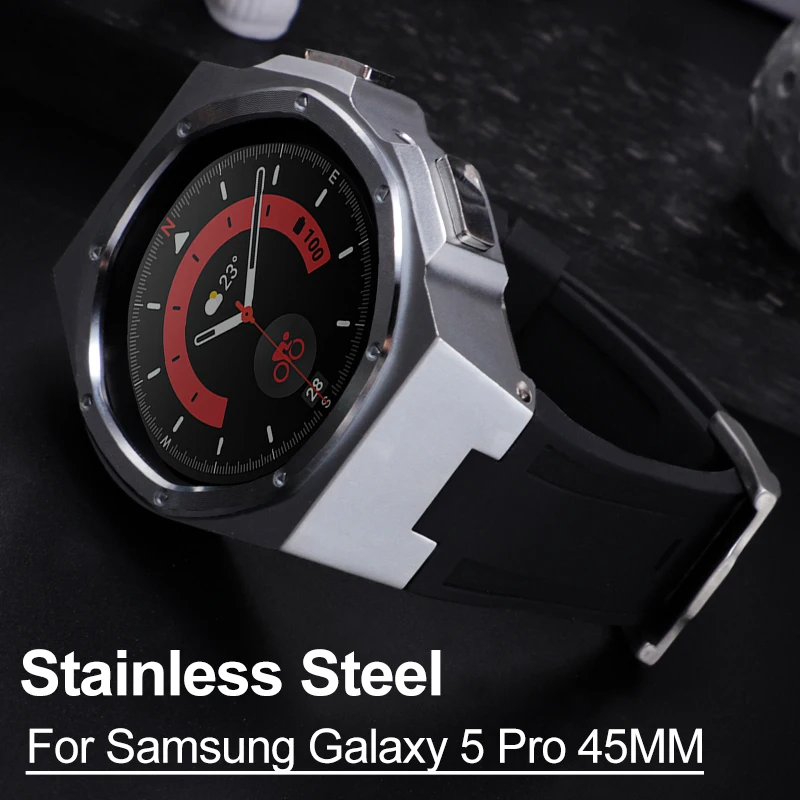 

Luxury Stainless Steel Case For Samsung Watch 5 Pro 45MM Modification Kit For Galaxy Watch5 45 Silicone Sports Band Rubber Strap
