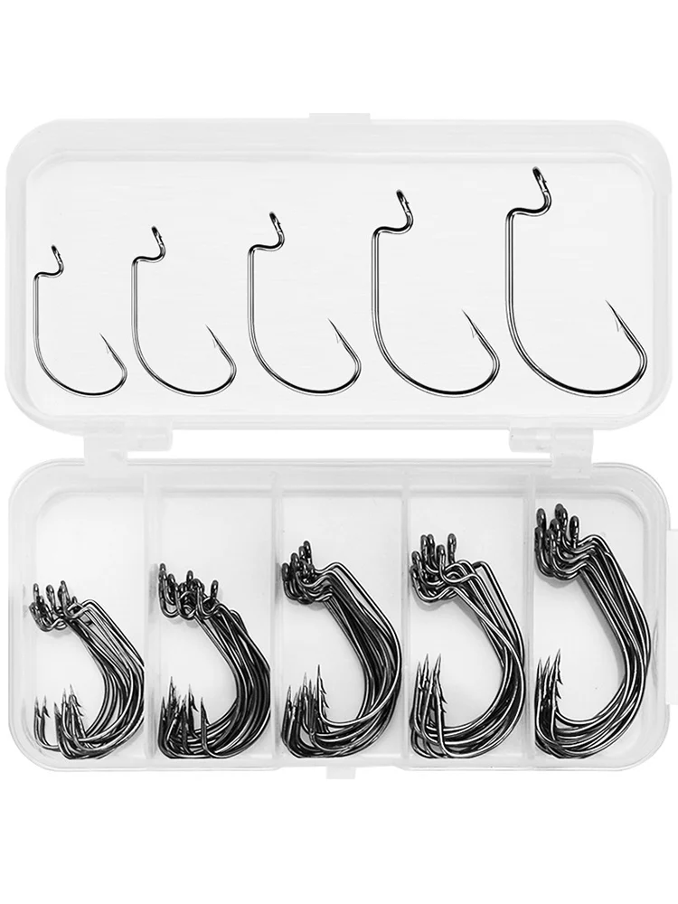 50Pcs/Box Fishing Hooks Set Jig Crank Barbed Hook High Carbon Stainless Steel Wide Gap Offset Fishhook Soft Worm Sea Hook Tackle
