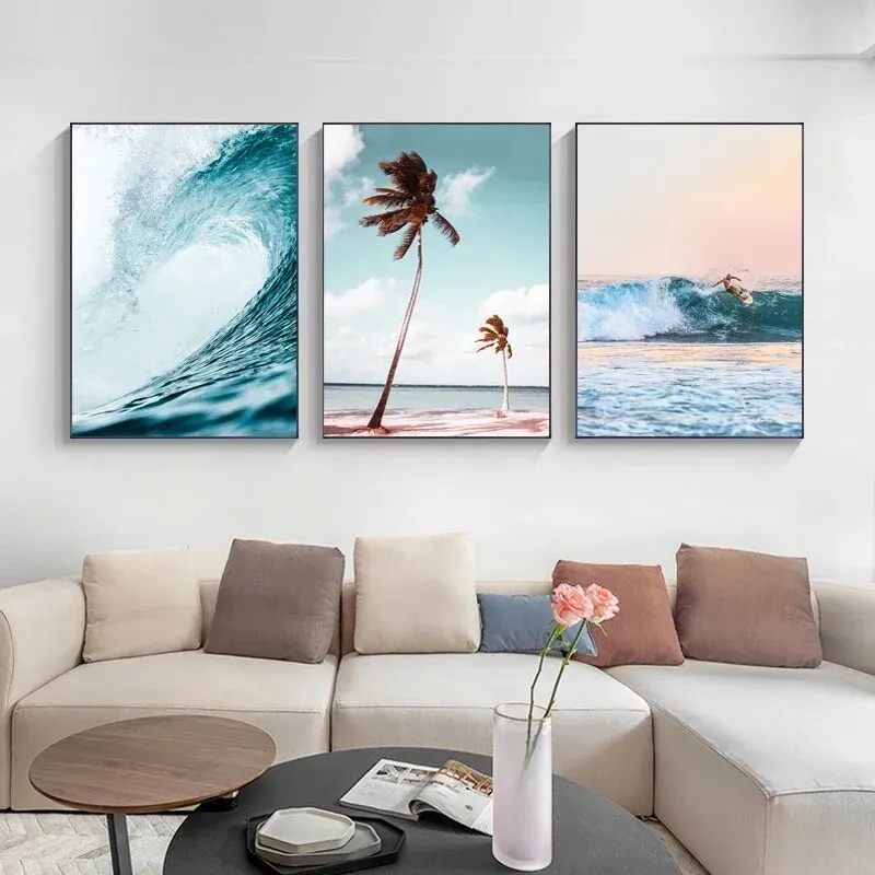Ocean View Sunset Canvas Painting Coastal Wall Art Surf Wave Poster Printmaking Scenario Naturale Decorazione Della Casa Pittura Murale