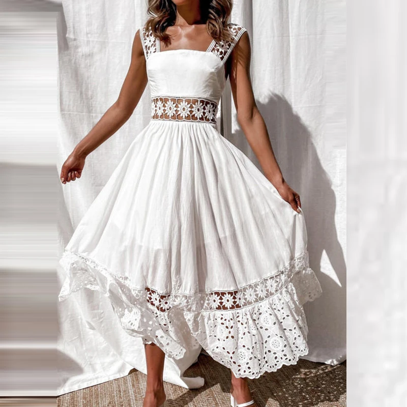 

Lace Sleeveless Dress Solid Color Hollow Out Panel Elegant Dresses for Women Fashion White Cotton Long Slip Women's Dress