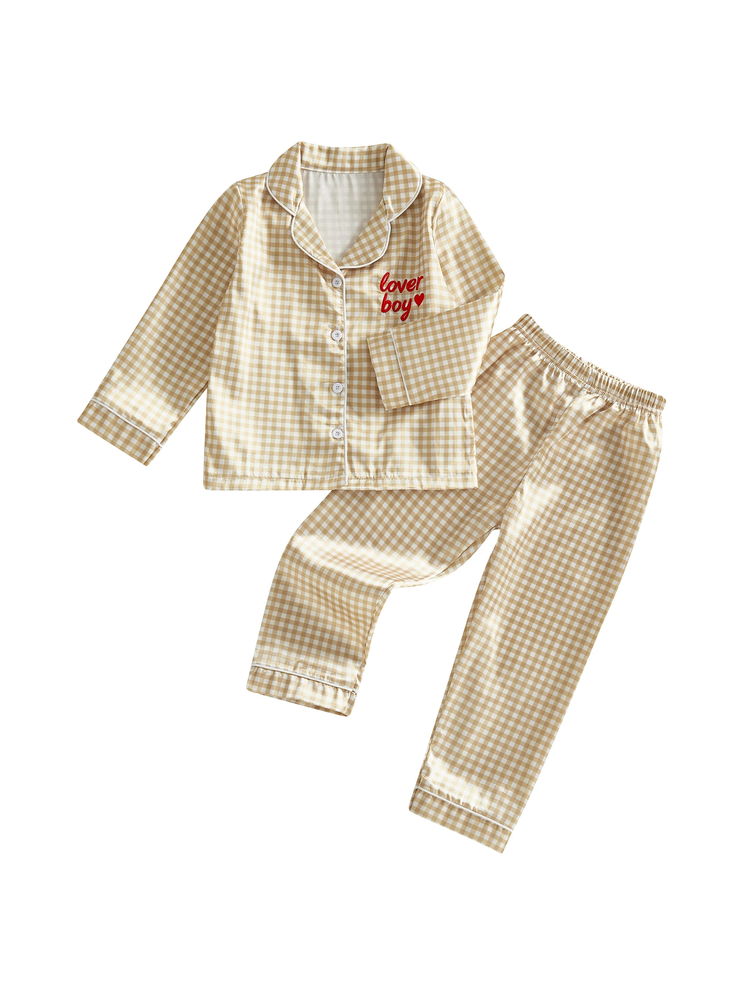 Stylish Toddler Boys Valentine s Day Pajama Sets Featuring Plaid Lapel V-Neck Long Sleeve Tops and Pants for a Trendy