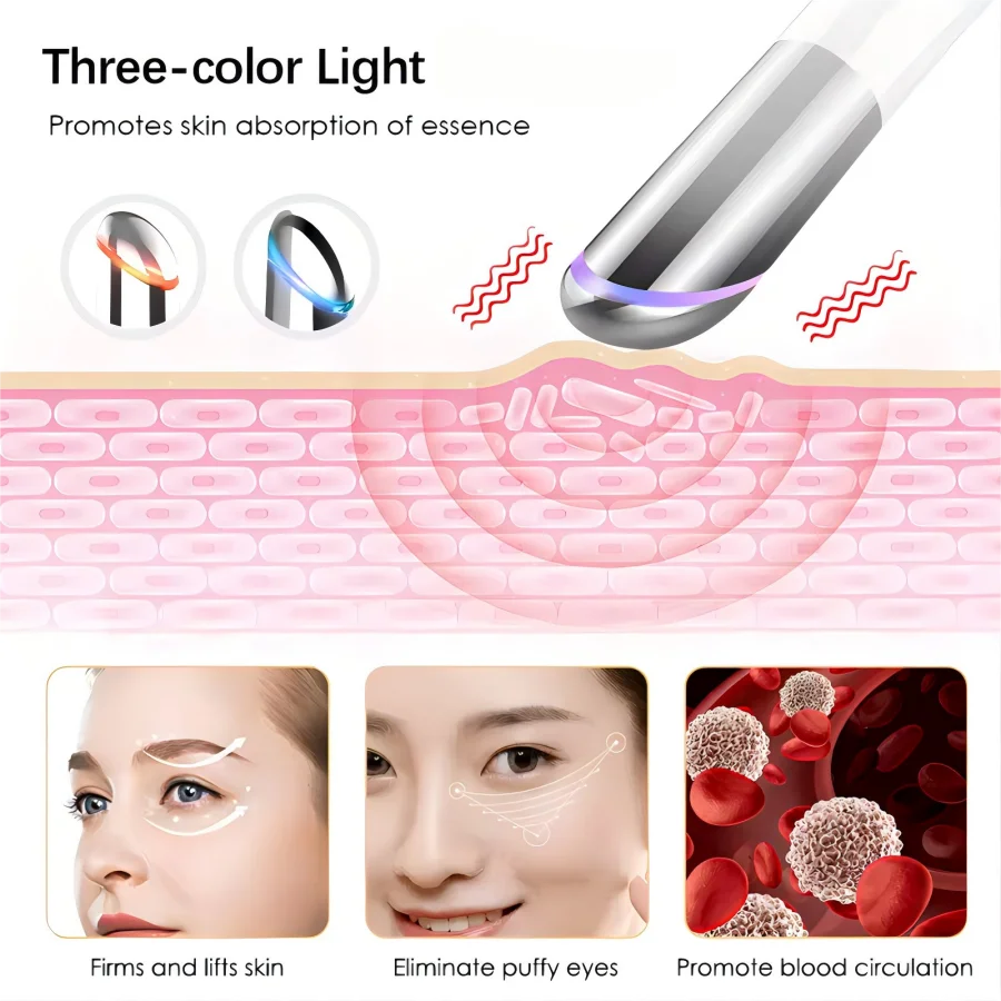 Eye Care Beauty Device Facial Massager 3 in 1 LED Photon Light Wand for Relax Eye Dark Circles Eye Bags Puffiness Skincare Tool